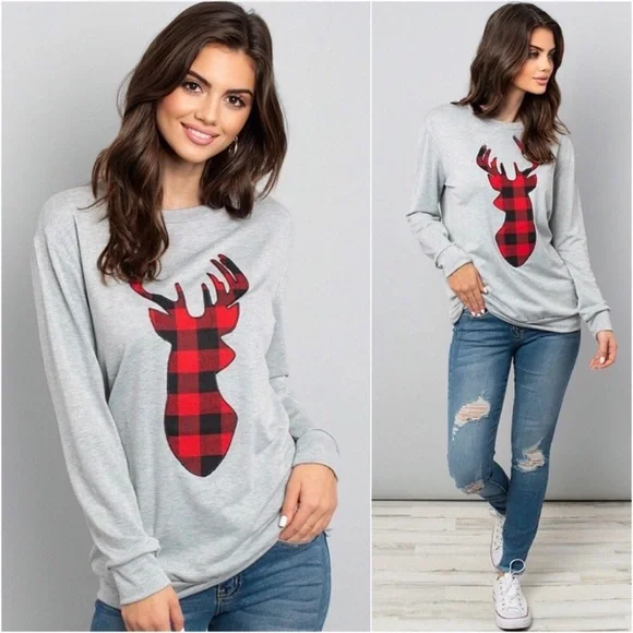 Grey Women’s Buffalo plaid patch reindeer casual long sleeve comfy holiday top - Picture 1 of 2